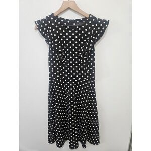 Yathon Black White Polka Dot Ruffle Cap Sleeve‎ Fit Flare Dress Small